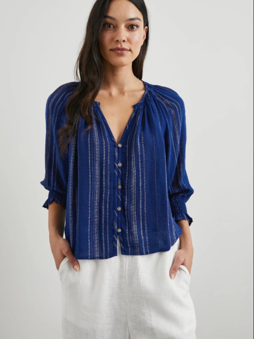 Rails Mariah Top Noja Stripe Linen Blend Shell Button Peasant Blouse Size XS